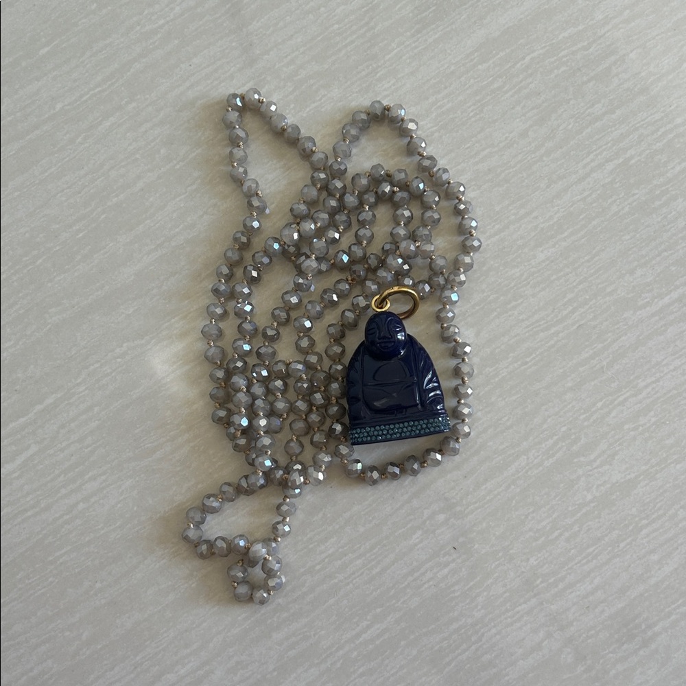 Budhagirl Gray Beaded Necklace with Blue BuddhaPendant